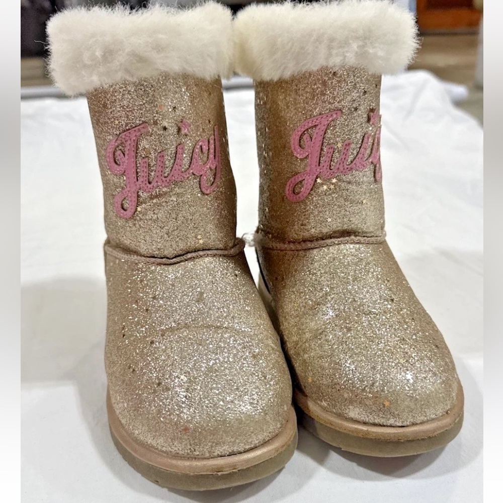 Juicy Couture Gold Glitter Boots with Pink Logo